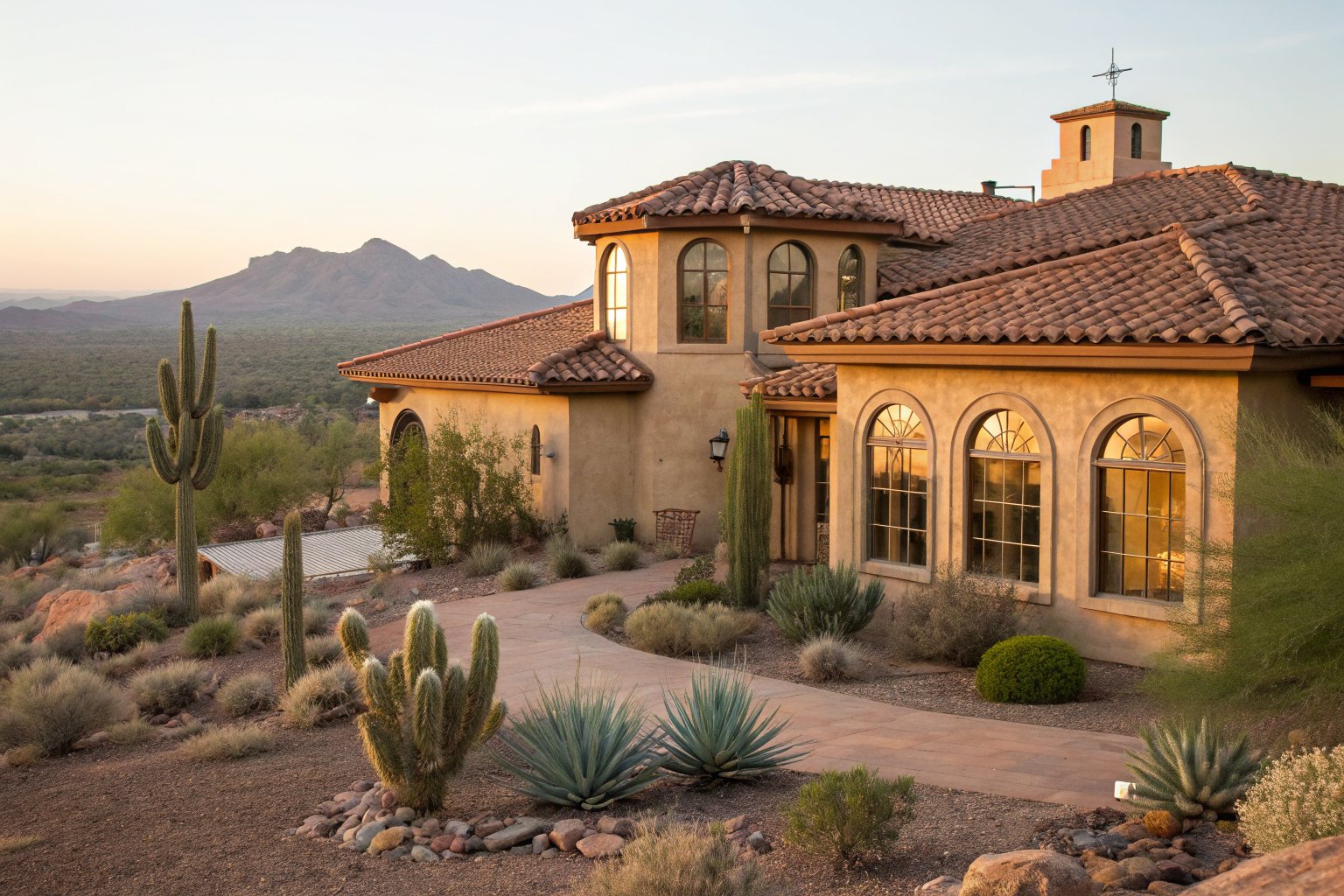 A Spanish Colonial style stucco home with a clay barrel tile roof, arched windows and a cactus garden at sunset