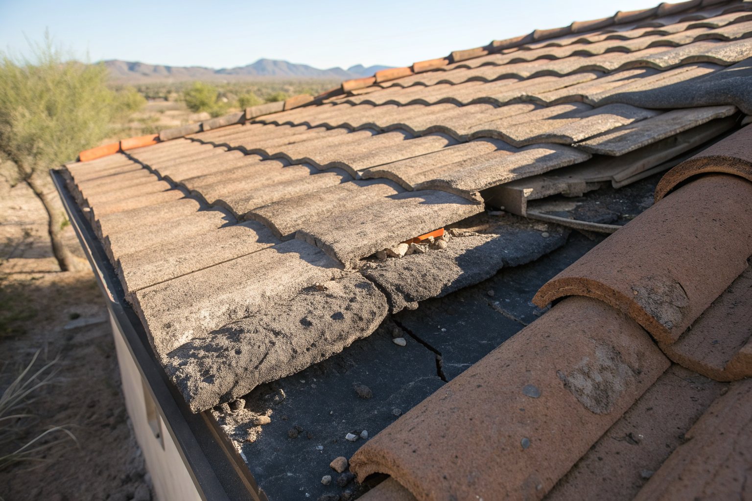 Close view of faded concrete roof tiles, some cracked and slipped, with worn black underlayment showing