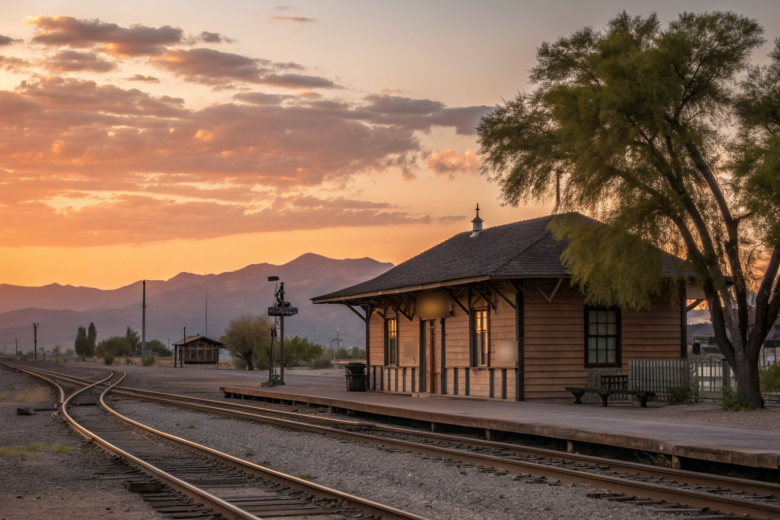 An old wooden railroad depot beside the tracks in a small desert town at sunset