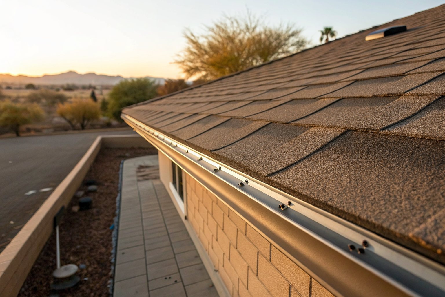 New tan architectural shingles along a roof edge and gutter in warm evening light
