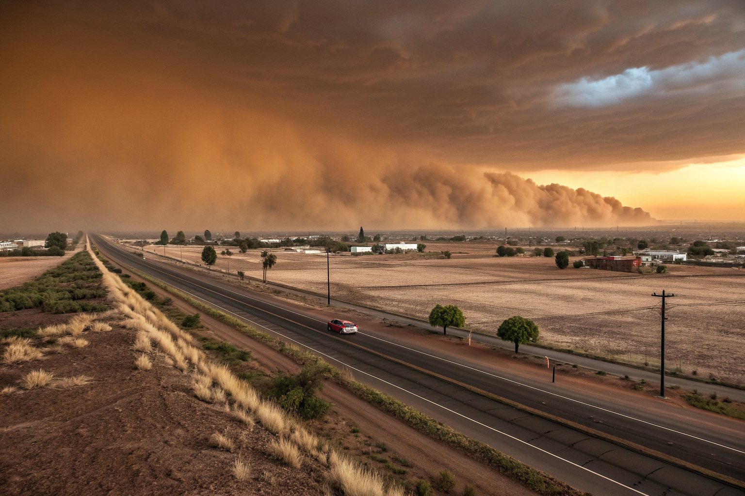 A wall of dust rolling across flat farmland toward a highway under an orange sky