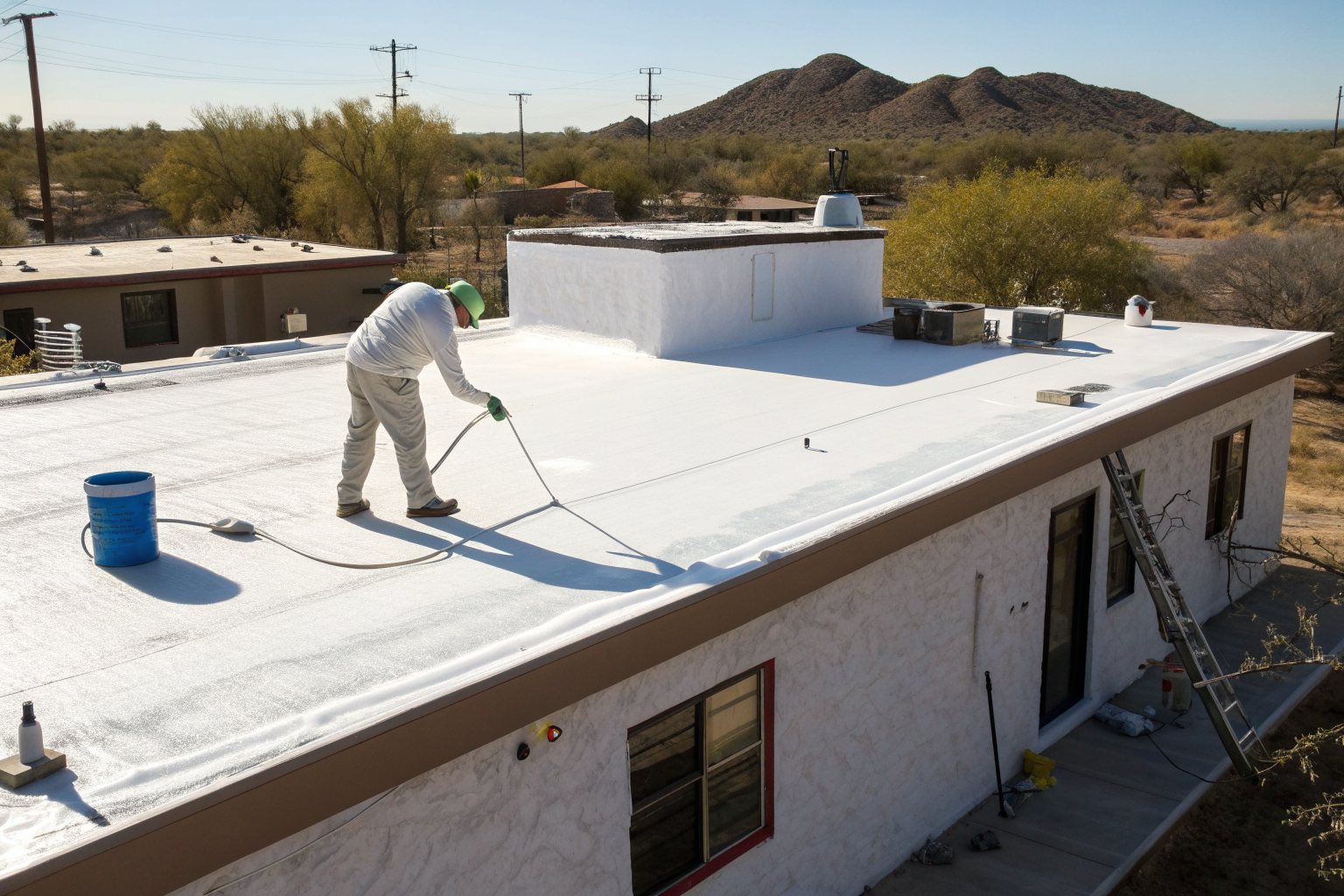 A worker rolling fresh white coating onto a flat foam roof on a stucco house
