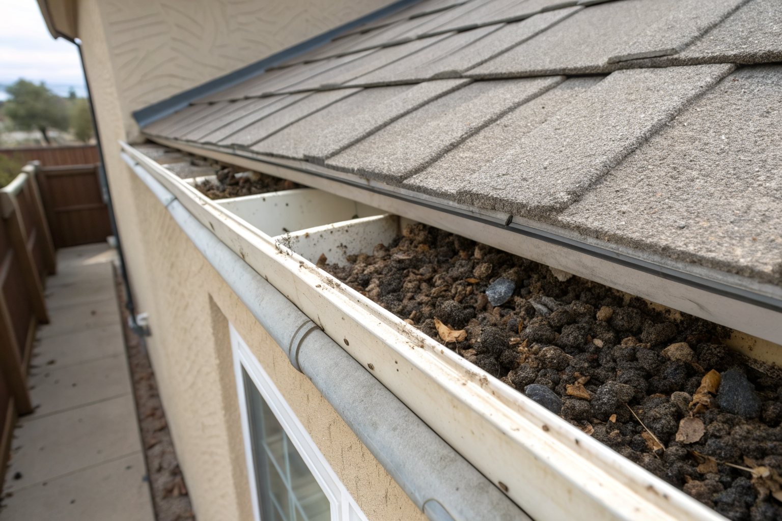 A gutter on a stucco home holding dark shingle granules and desert grit