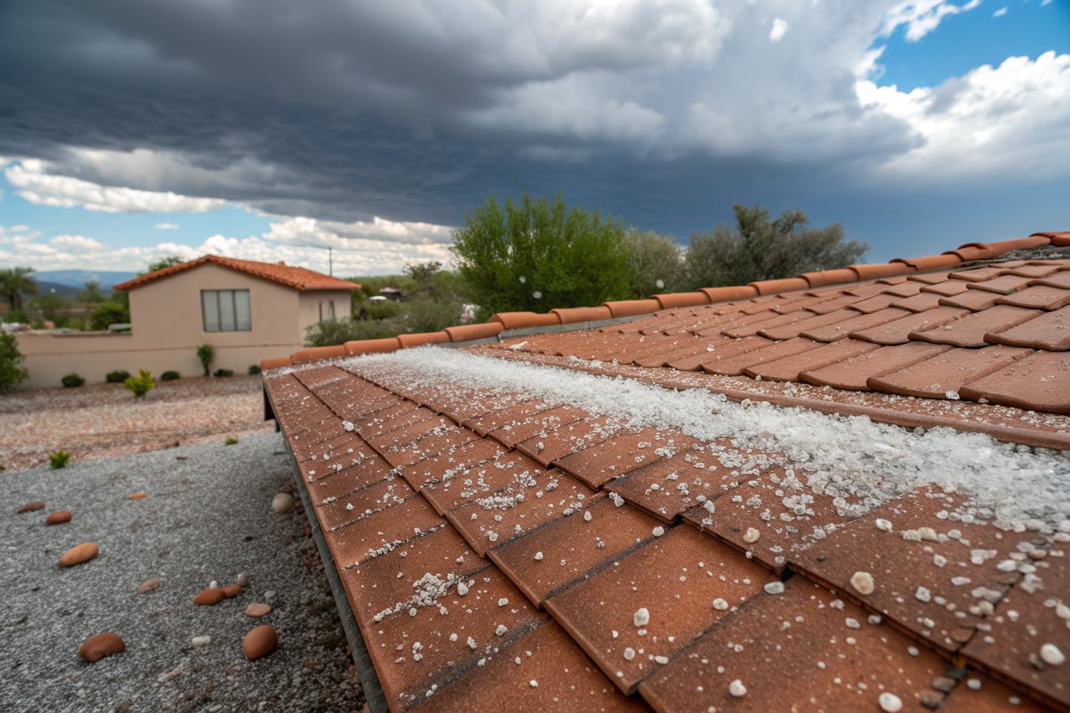 Small hailstones scattered across a terracotta tile roof and gravel yard after a storm
