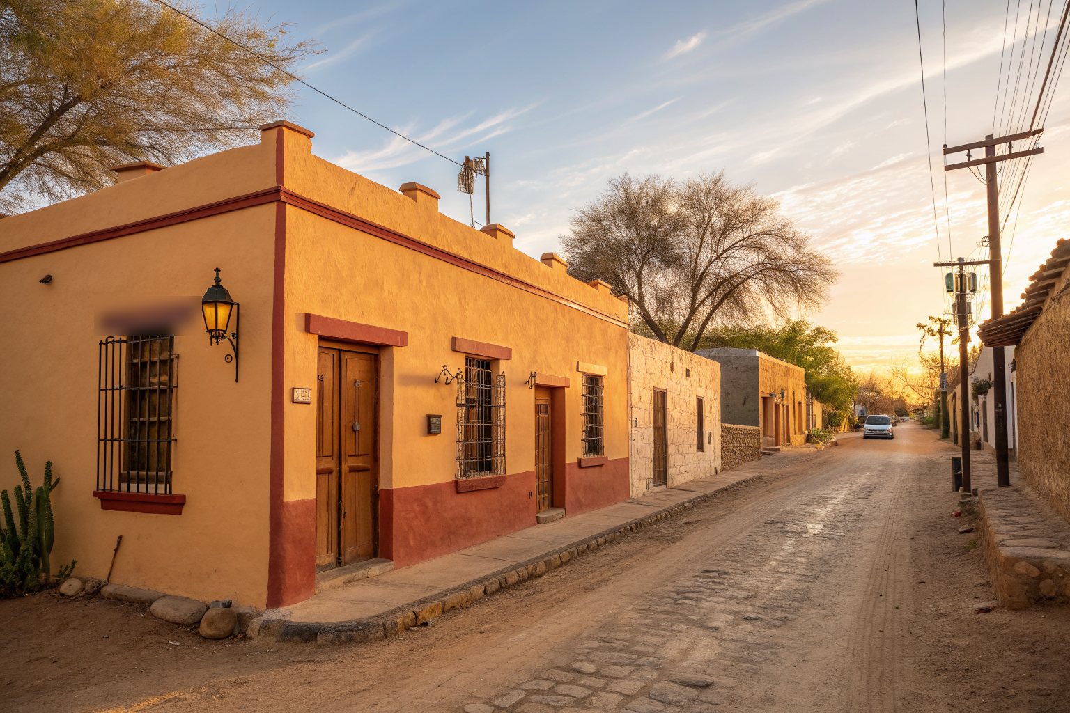 A row of painted adobe houses with flat roofs and parapets on a quiet old street