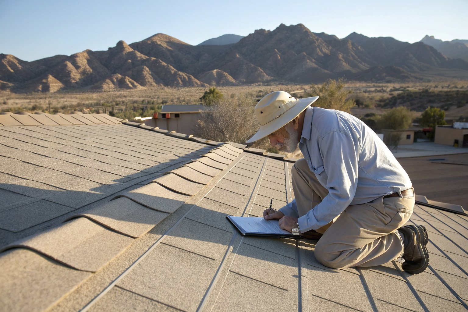 A roof inspector in a sun hat kneeling on a tile roof and taking notes, desert mountains behind