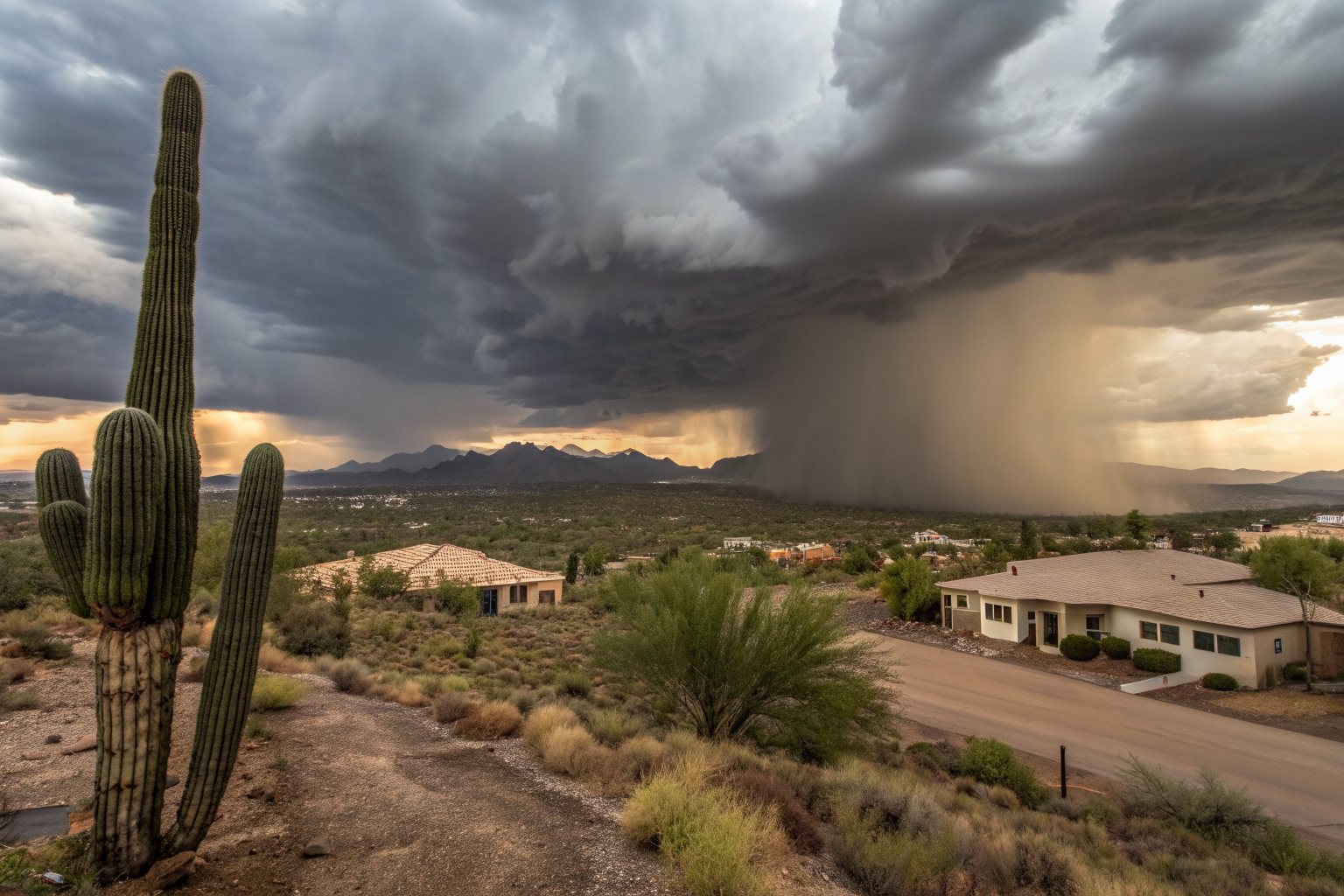 A monsoon thunderstorm with a dark rain shaft over desert homes, a saguaro in the foreground
