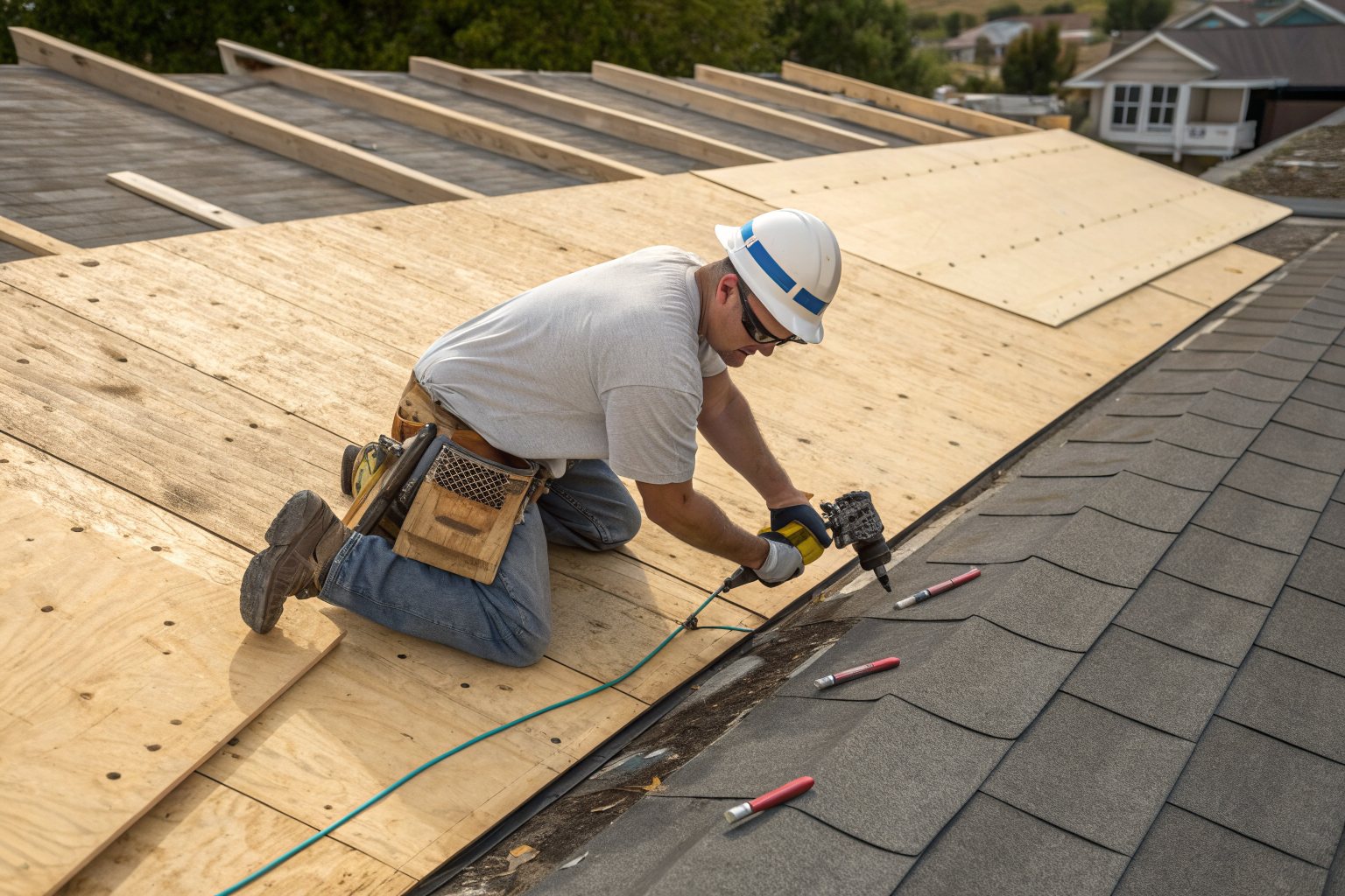 A roofer fastening new plywood sheathing on a roof next to old shingles