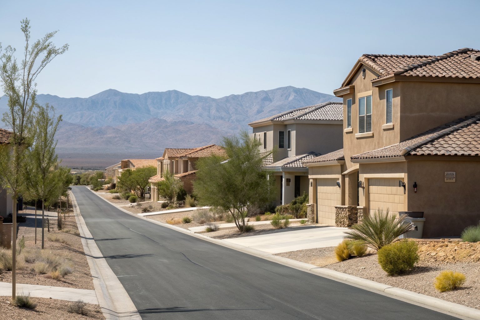 A street of newer two-story stucco homes with concrete tile roofs and young desert trees