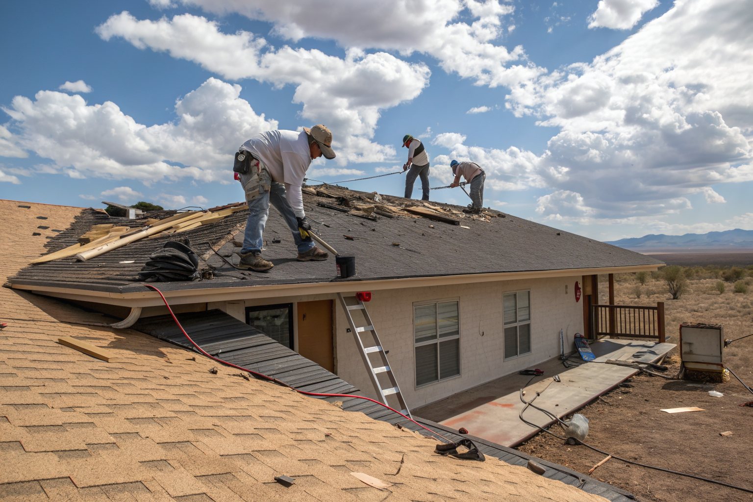 A crew stripping old shingles from a ranch house roof, bare decking showing under a cloudy sky