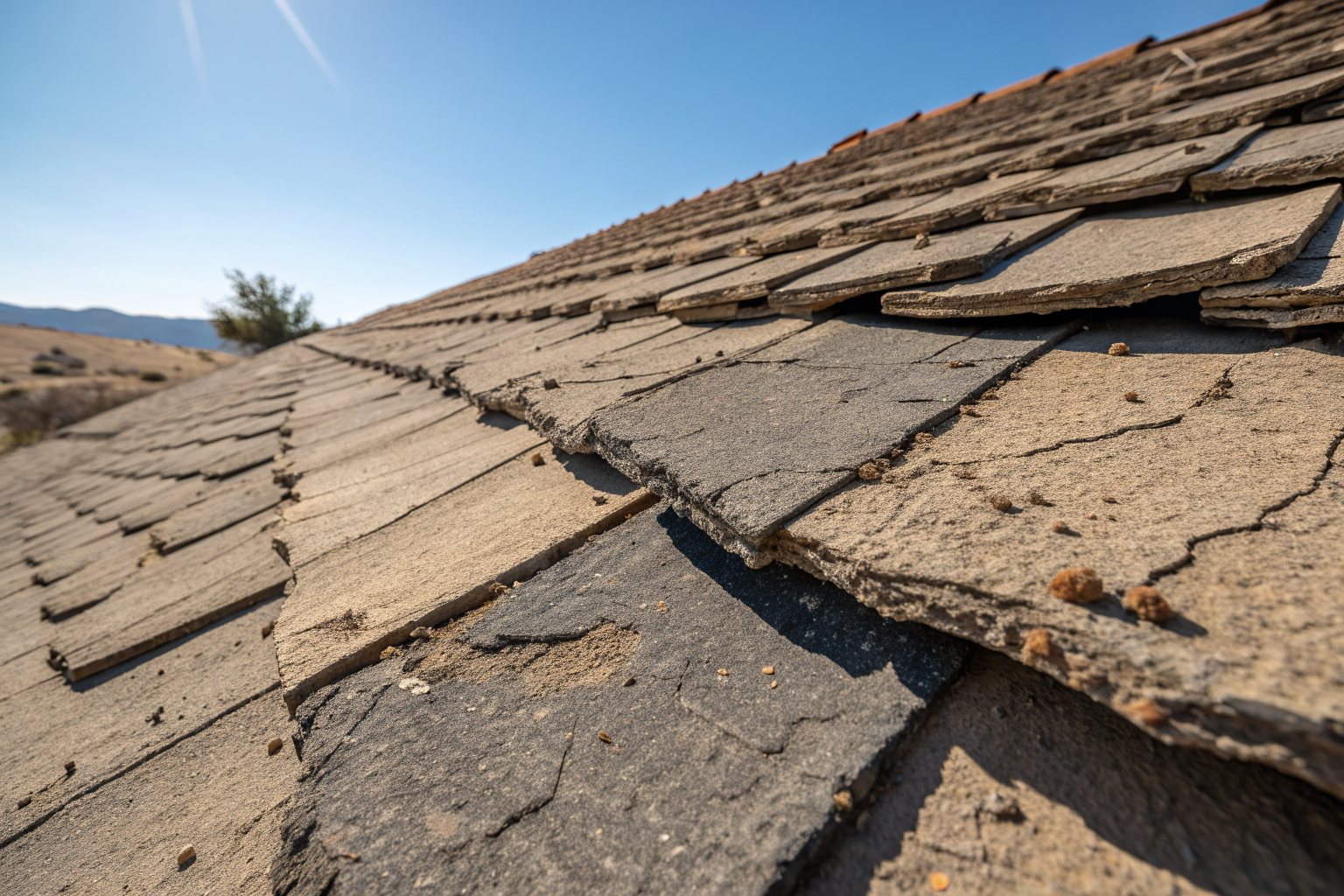 Close view of old shingles baked by the desert sun, faded, curled and cracked