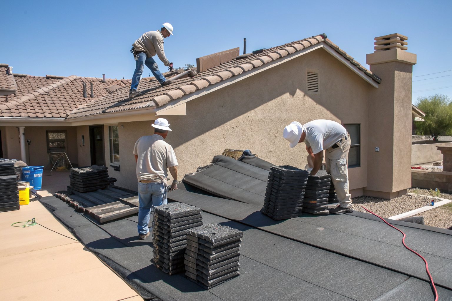 Roofers stacking concrete roof tiles on new black underlayment on a stucco home