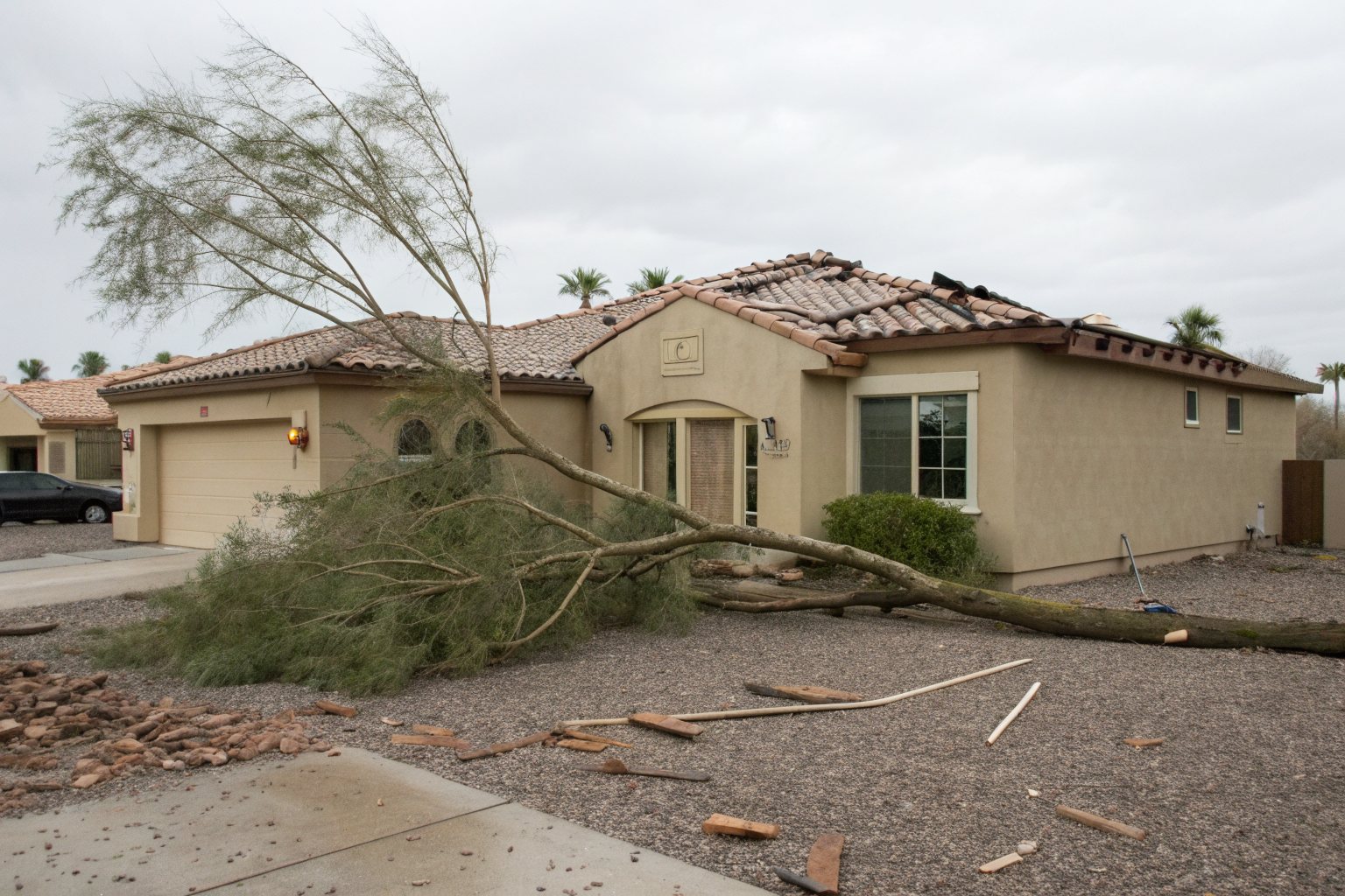 A fallen tree across the gravel yard of a stucco home after a windstorm, with loose roof tiles on the ground