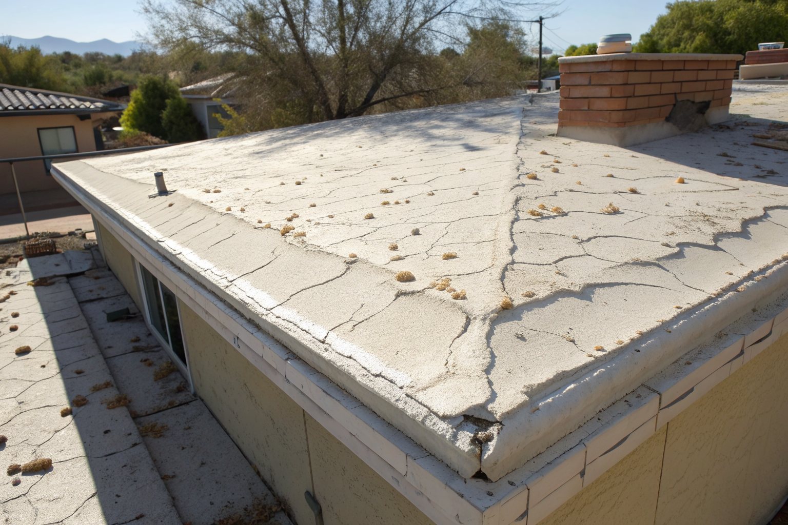 Close view of an old flat foam roof with chalky, cracked coating and small blisters
